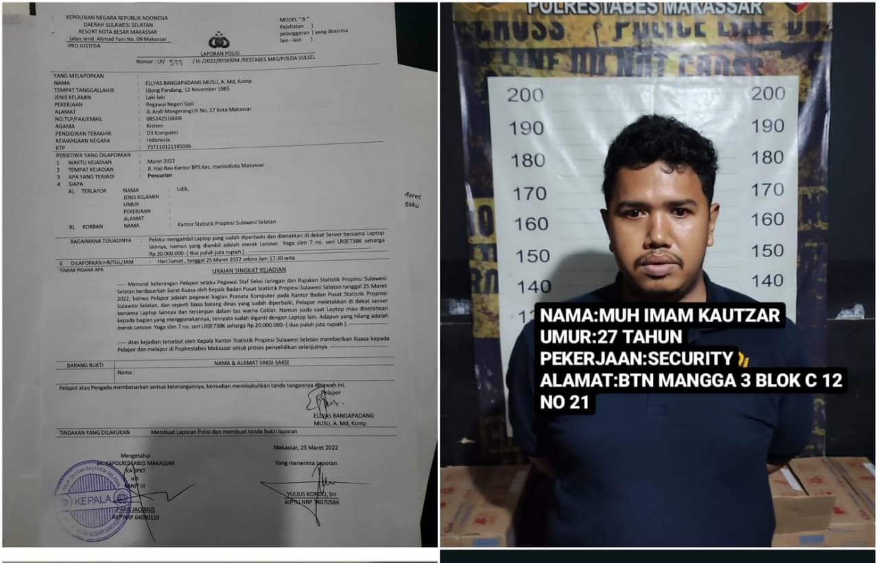 Terdesak Bayar Cicilan, Sekuriti BPS Sulsel Curi Laptop di Tempat Kerja